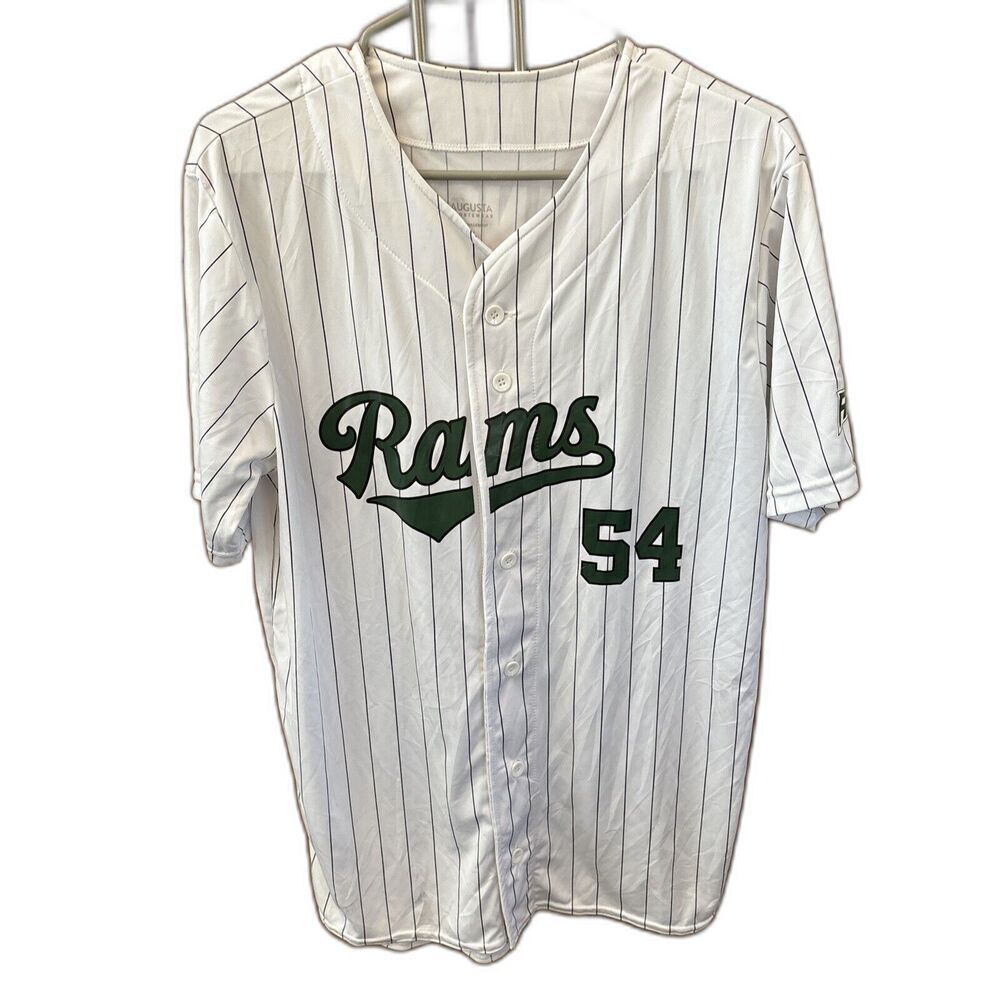 Augusta Sportswear Button Baseball Jersey White Green PinStripe Rancho Rams 54 M